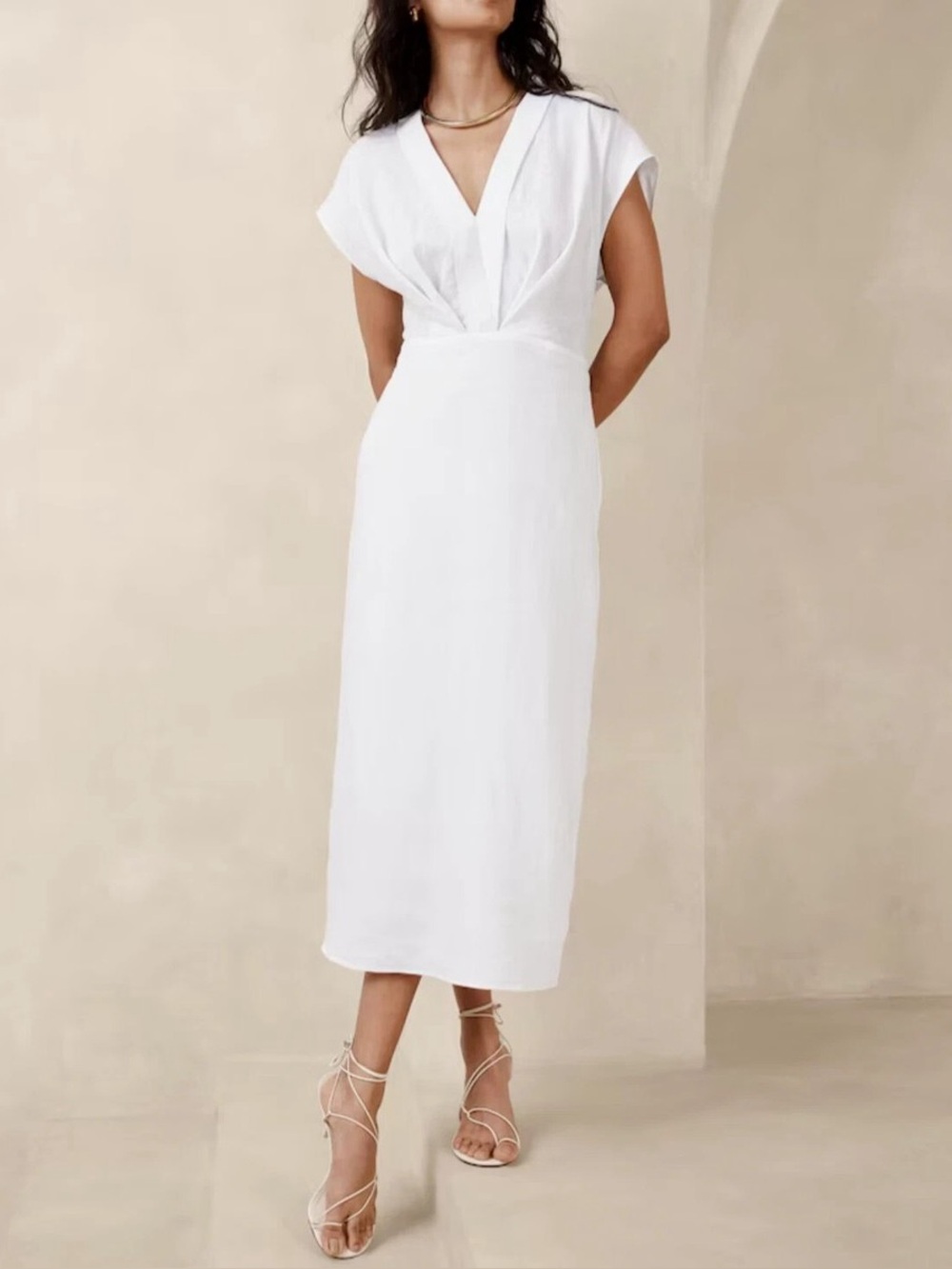 Banana Republic Mari White Linen Draped Midi Dress Resortwear Minimalist Size 4P